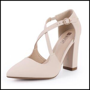 Chunky High Heels Pumps Strappy Block Heels Pointed Toe Dress Shoes Formal